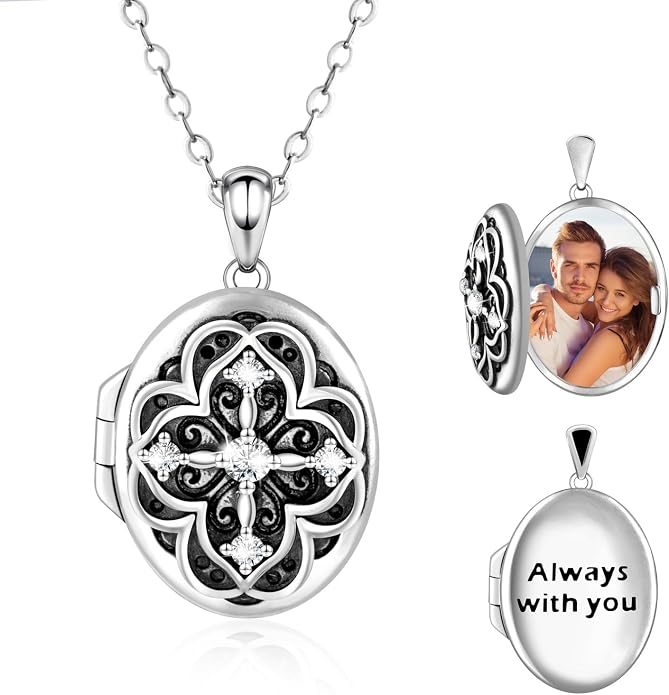 Oval Moissanite Locket Necklace for Women - 925 Sterling Silver Locket Pendant with Photo Vintage Moissanite Lockets Necklace Holds Pictures Engraved “Always with You ”Memorial Jewelry Gift for Mom Daughter