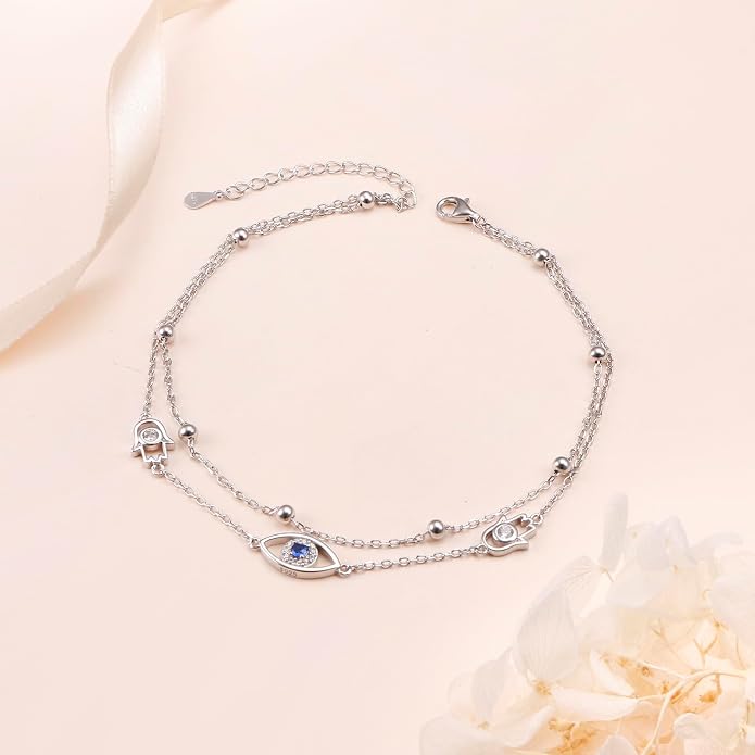 Anklets for Women 925 Sterling Silver Blue Evil Eye Infinity Butterfly Adjustable Multilayer Layered Summer Beach Ankle Bracelet Foot Chain Jewelry for Women