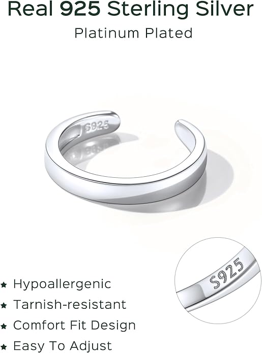 ChicSilver Toe Rings for Women 925 Sterling Silver Toe Ring Hypoallergenic Adjustable Open Rings for Women Summer Jewelry