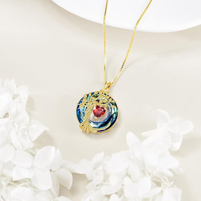 POPLYKE Mothers Day Gifts for Mom Her Wife Tree of Life Necklace 925 Sterling Silver Birthstone Pendant with Crystal Anniversary Birthday Wedding Jewelry for Women