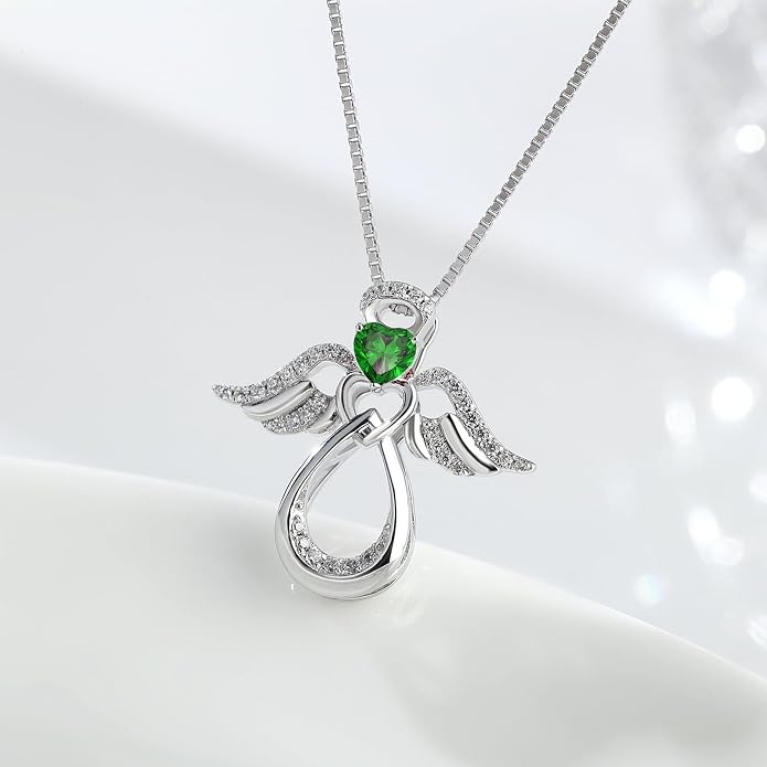 925 Sterling Silver Guardian Angel Pendant Necklace for Women with Birthstone Cubic Zirconia Little Angel Pendant Necklace Jewelry 18 inch Chain