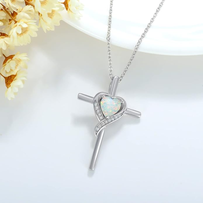 TOUPOP Birthstone Cross Necklace for Women 925 Sterling Silver Heart Cross Pendant Necklace Mothers Day Birthday Jewelry Gifts for Mom Wife Her