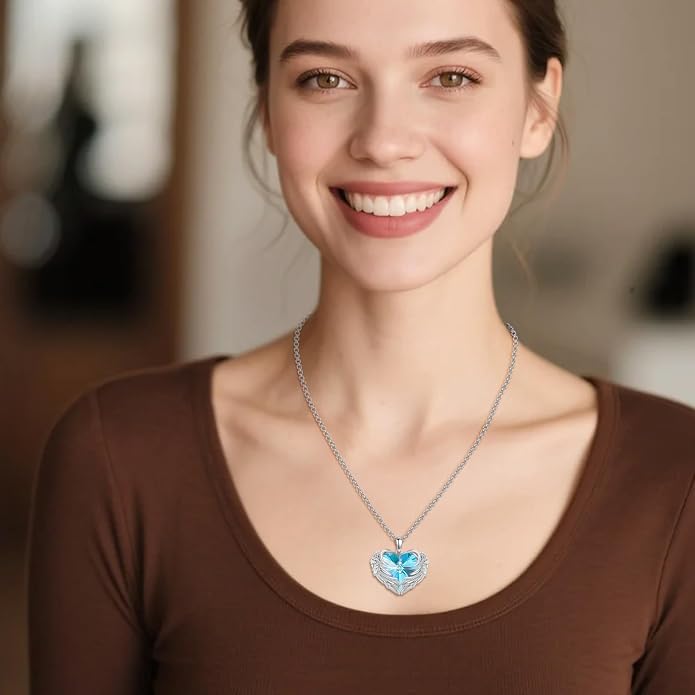 Angel Wings Necklace for Women 925 Sterling Silver Birthstone Guardian Necklace Jewelry Angel Wings Moonstone, Crystal Pendant Jewelry Gifts