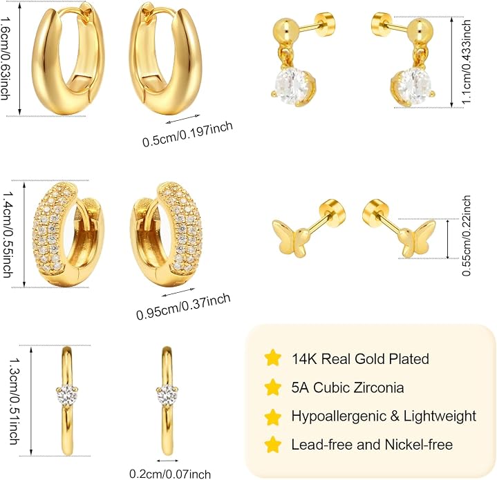 Small Chunky Stud Hoop Stacks Earrings for Women Hypoallergenic Silver Gold Flat Back Stud for Sensitive Ears Small 14K Gold Plated Huggie Cubic Zirconia Cartilage Earrings Set for Multiple Piercing Jewelry Gifts for Women 5 Pairs