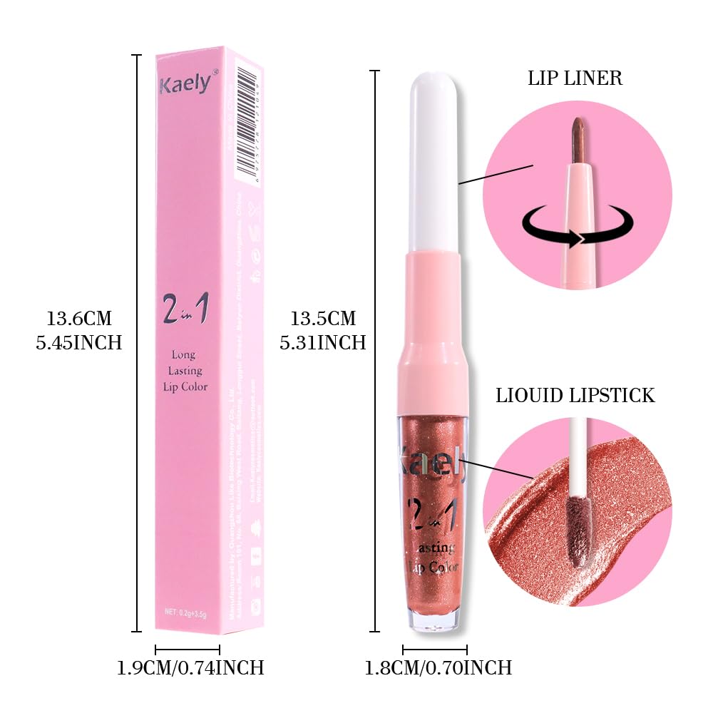 Kaely 2-in-1 Copper Metallic Lipstick and Lip Liner, Shimmer Liquid Metallic Lipsticks for Women, Glitter Lip Gloss Stain Long Lasting Waterproof Smudge Proof 24 Hour, Vegan Makeup, 20