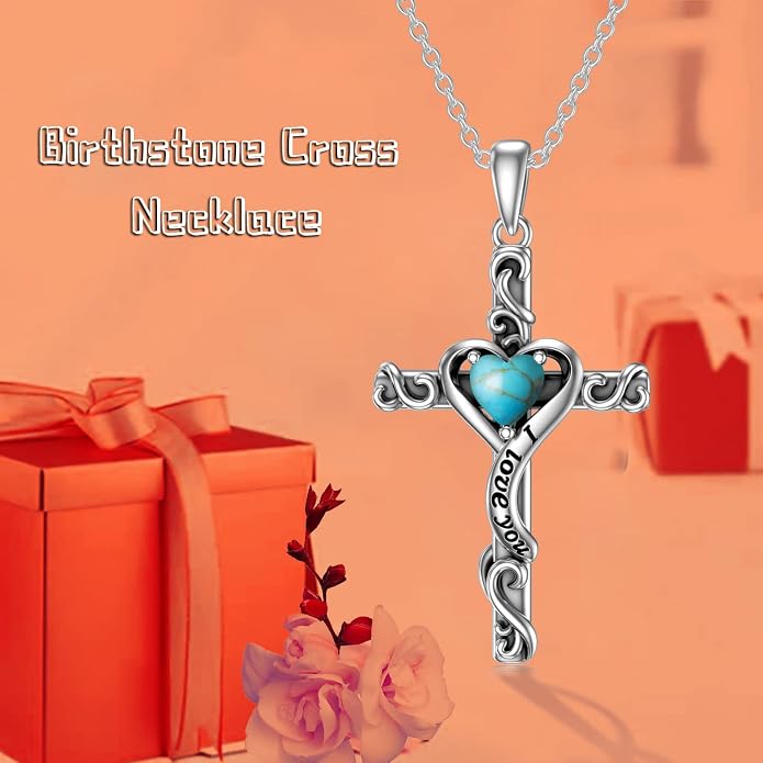 TOUPOP Cross Birthstone Necklace for Women 925 Sterling Silver Heart Cross Pendant I Love You Jewelry Anniversary Birthday Mothers Day Gifts for Mom Wife Her