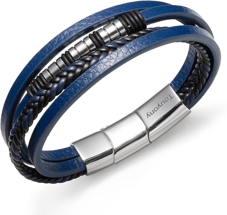 Mens Leather Bracelet Multi Layer – Braided Black Wristband with Stainless Steel Clasp, Minimalist Stylish Jewelry for Men, Everyday Wear Brown Black Blue
