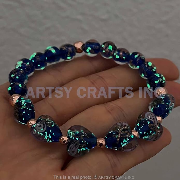 ARTSY Crafts Glow in the Dark Heart Shaped Glass Bead Bracelets & Necklaces, Handmade in USA