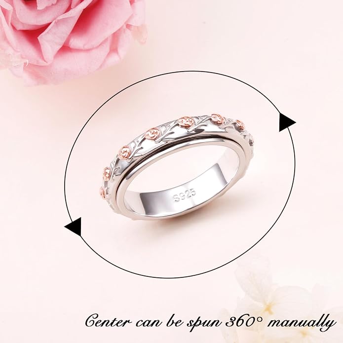 Alphm S925 Sterling Silver Spinner Fidget Anxiety Worry Relieving Boredom ADHD Autism Band Rings