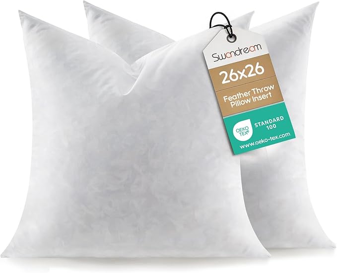 Euro Pillow Inserts Set of 2, Soft Fluffy Square 26 x 26 Inches Decorative Pillow Insert, Feather and Down Filled Throw Pillows