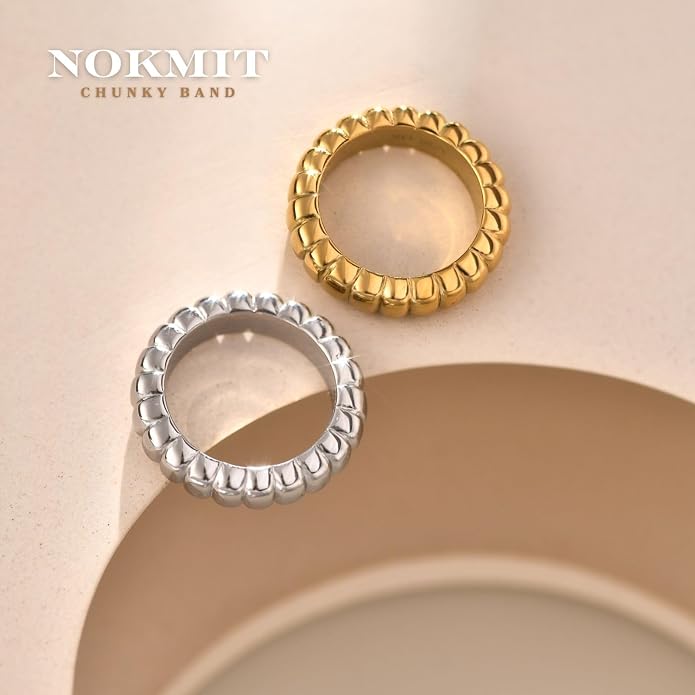 NOKMIT 14K Gold Filled Chunky Statement Rings for Women Cute Puffy Dome Croissant Thumb Band Non Tarnish Comfort Fit Size 5-10