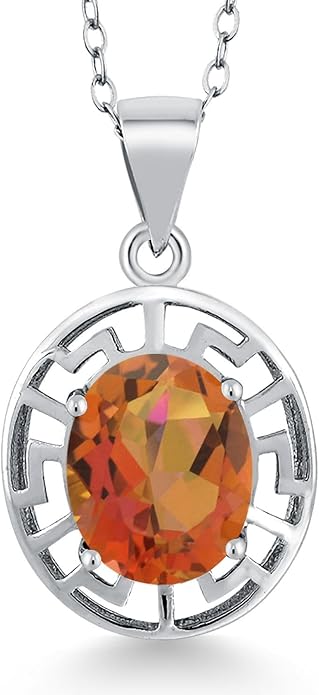 Gem Stone King 925 Sterling Silver 10X8MM Oval Gemstone Birthstone Necklace | Greek Key Pendant Necklace for Women | With 18 Inch Silver Chain