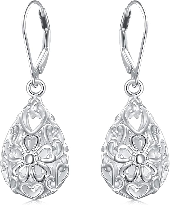 925 Sterling Silver Filigree Dangle Drop Earrings Daisy/Lotus/Rose Flower/Moonstone Leverback Teardrop Earrings for Women Infinity Celtic Knot Daisy Lotus Jewelry for Mothers Day