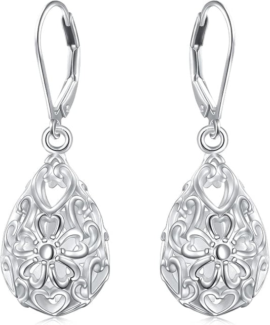 925 Sterling Silver Filigree Dangle Drop Earrings Daisy/Lotus/Rose Flower/Moonstone Leverback Teardrop Earrings for Women Infinity Celtic Knot Daisy Lotus Jewelry for Mothers Day