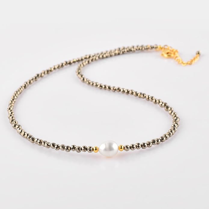 InfinityGemsArt Gemstone Gold Necklace For Women, Birthstone Natural Crystal Stone With Freshwater Pearl Beaded Jewelry, Gold Plated 18 Inch Chain