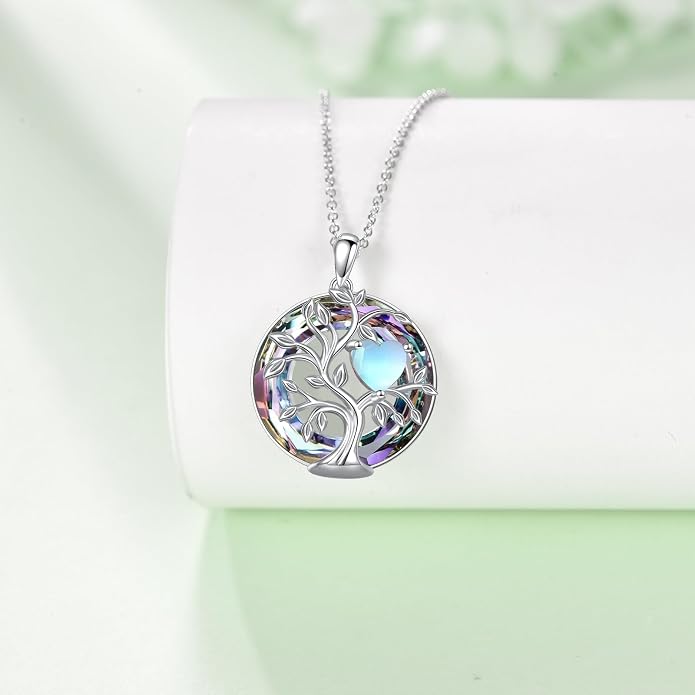 Tree Of Life Birthstone Necklace 925 Sterling Silver Crystal Family Tree Pendant Necklaces Heart Birthstone Jewelry For Women Female Anniversary Birthday Gifts