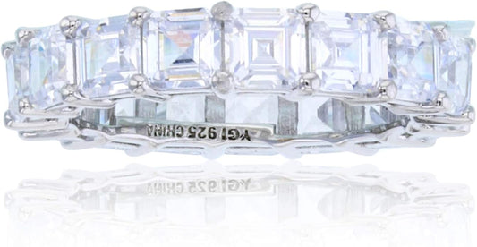 Sterling Silver Rhodium Polished 4mm Multi Color Asscher Princess Cut Cubic Zirconia Eternity Band for Women | AAA Cubic Zirconia Gemstone Engagement Wedding Band Ring | Sizes 5-10