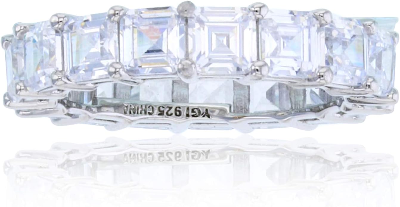 Sterling Silver Rhodium Polished 4mm Multi Color Asscher Princess Cut Cubic Zirconia Eternity Band for Women | AAA Cubic Zirconia Gemstone Engagement Wedding Band Ring | Sizes 5-10