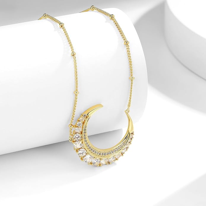 Miss mimi CZ Pendant Necklace, Golden Yellow Princess Cut or Crescent Moon, 18K Gold Plated, Adjustable 16” or 18 + 2”in Chain, Celestial & November Birthstone Citrine Style