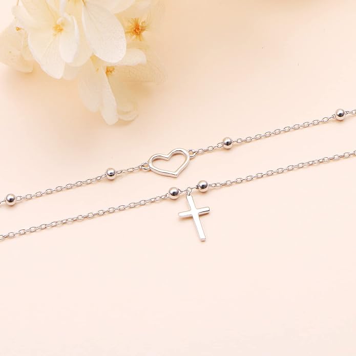 Alphm Anklet for Women S925 Sterling Silver Adjustable Foot Evil Eye Starfish Heart Bead Butterfly Celtic Knot Cross Multilayer Layered Ankle Bracelet Jewelry