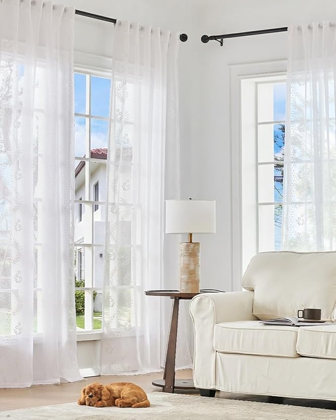 jinchan Belrose Linen Sheer Curtains for Living Room 63 Inch Length Sheer Voile Embroidered Floral Curtains for Bedroom Light Filtering Rod Pocket Window Treatments Farmhouse Decor 2 Panels White