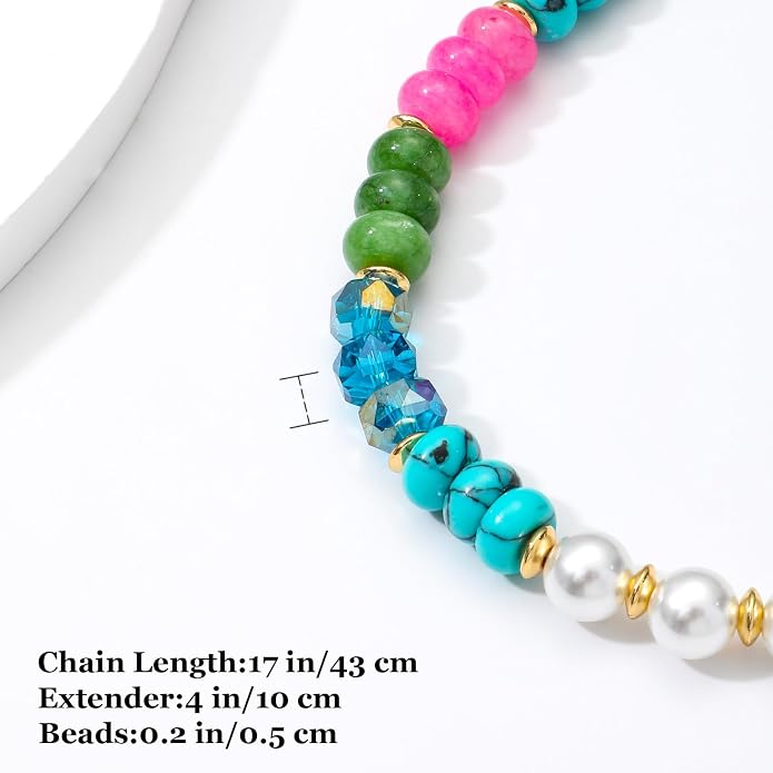 LALAPPLE Colorful Beaded Gemstone Necklace for Women, Boho Rainbow Bead Choker with Natural Stone Crystal Beads, Handmade Summer Beach Necklace Jewelry