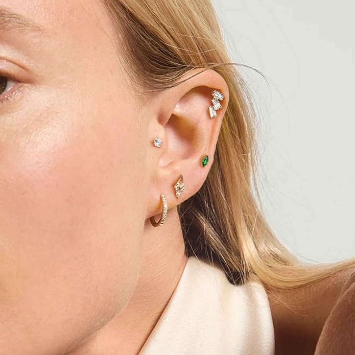 BodyBonita 16G Gold Stud Earrings Flat Back - G23 Titanium Internal Thread Clear CZ Cartilage Earrings for Women