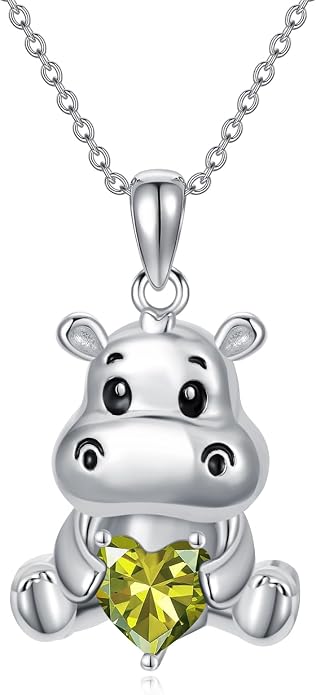 PROESS Animal Birthstone Necklace 925 Sterling Silver Otter/Axolotl/Hippo/Elephant/Dachshund/Monkey/Red Panda Pendant Necklace Animal Birthstone Jewelry Gifts for Women