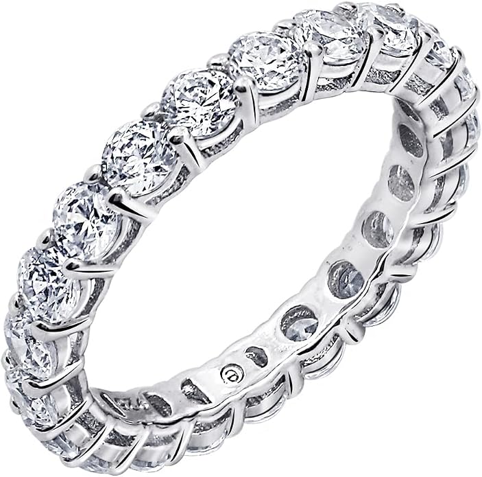 Amazon Essentials Platinum or Gold Plated Sterling Silver All-Around Band Ring set with Round Infinite Elements Cubic Zirconia