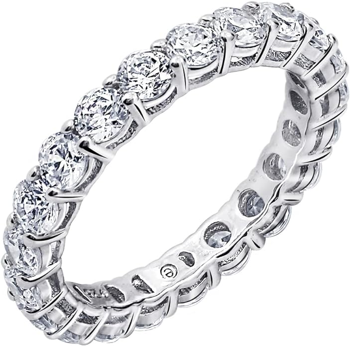 Amazon Essentials Platinum or Gold Plated Sterling Silver All-Around Band Ring set with Round Infinite Elements Cubic Zirconia