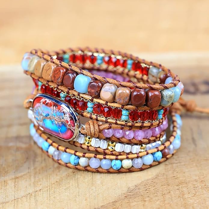Women Wrap Bracelet Boho Natural Jasper Crystal Stone Beads Strand Bracelets