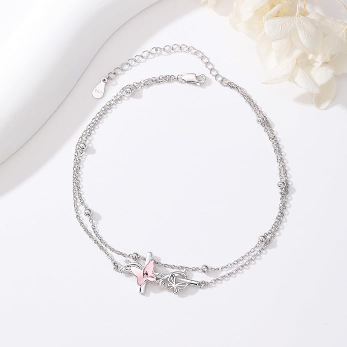 Evil Eye/Butterfly Cross Anklet for Women 925 Sterling Silver Blue Evil Eye Anklets Butterfly Bracelets Greek Blue Eyes Layered Protection Chain Jewelry Christmas Gifts