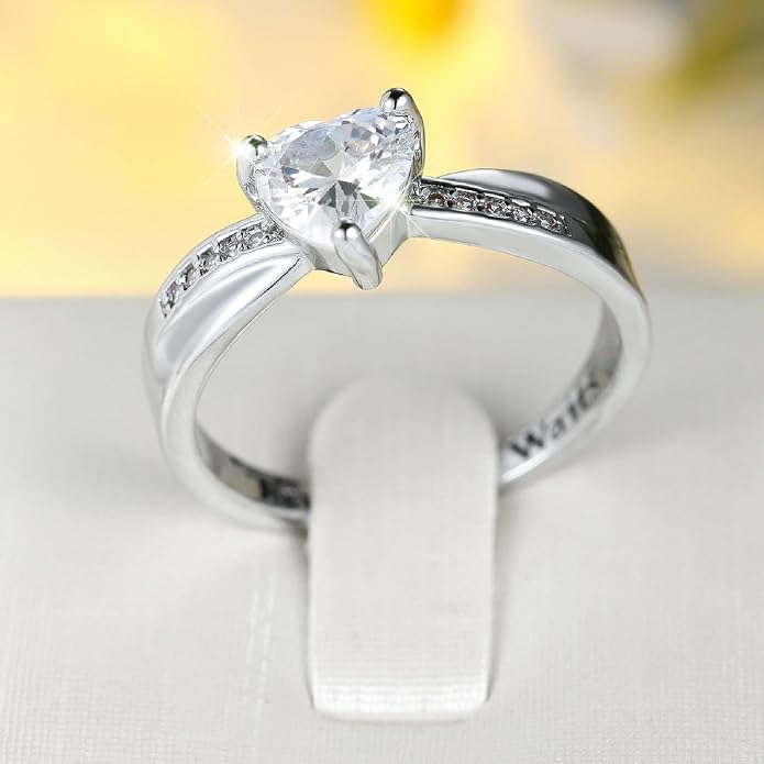 Women's Round Heart-shaped Zircon Ring with Inner Letter Engraving – Elegant Micro-Pavé Proposal Wedding Band, 0.8cm Solitaire Stone, White Gold Plated Brass