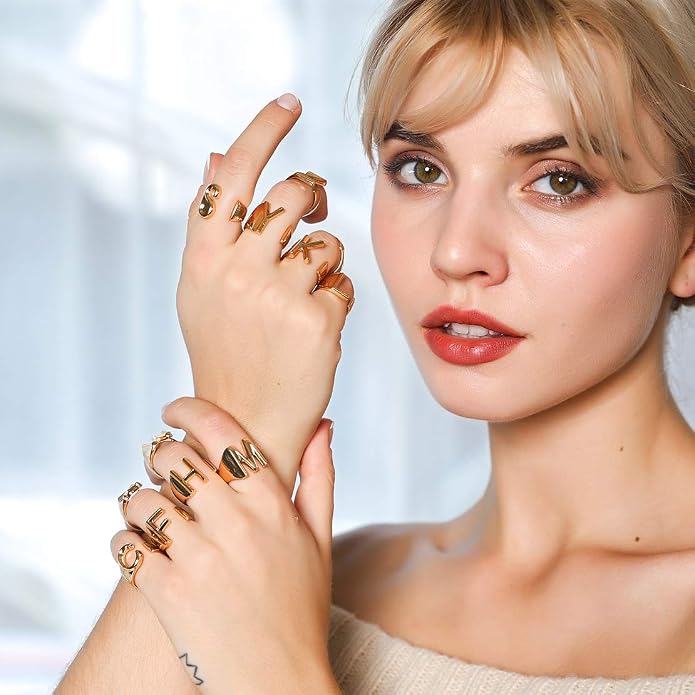 FindChic Customizable Initial Ring Statement 18K Gold Plated Fashion Cuff Rings for Women Alphabet Letter A to Z Resizable Knuckle Ring (with Gift Box)