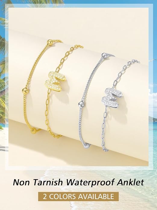 FindChic Silver/14K Gold Plated Layered CZ Initial Ankle Bracelet for Women | Waterproof Stainless Steel, Cubic Zirconia Letter Charm, Non-Tarnish, Hypoallergenic, Adjustable Extender, Summer Jewelry