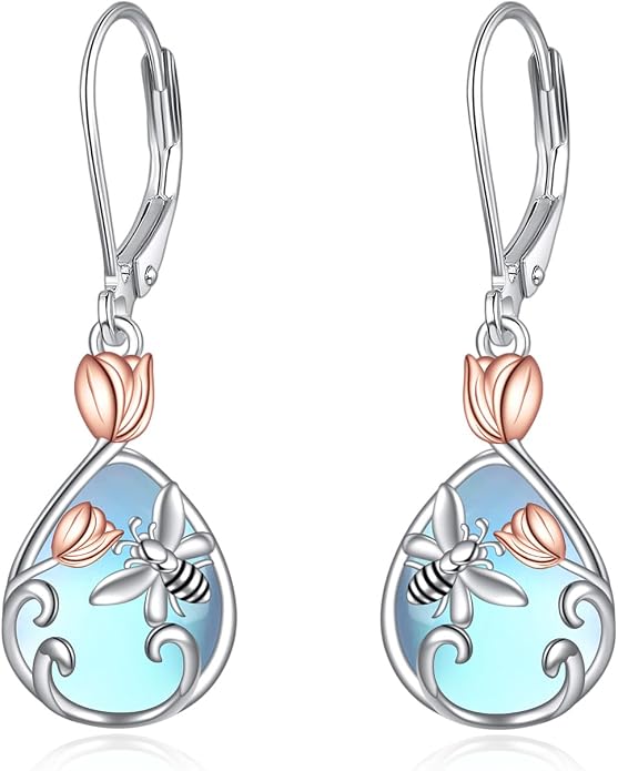 AOBOCO Teardrop Dangle Earrings for Women 925 Sterling Silver Moonstone Flower Filigree Leverback Jewelry Birthday
