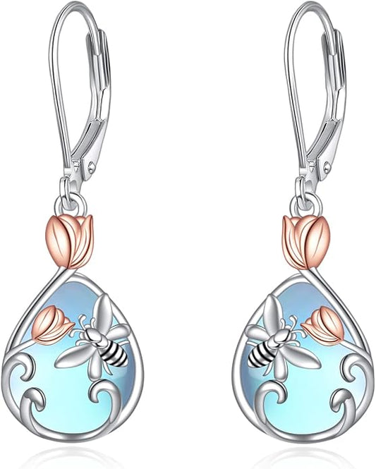 AOBOCO Teardrop Dangle Earrings for Women 925 Sterling Silver Moonstone Flower Filigree Leverback Jewelry Birthday