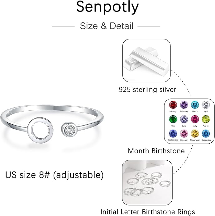 925 Sterling Silver Initial Letter Birthstone Rings for Women Adjustable 1-12 Month Birthstone Alphabet Stacking Ring for Teens Girls Stackable Birthstone Rings Birthday Jewelry Gift for Daughter Mom