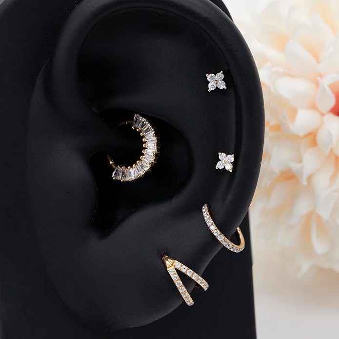 14K Yellow/White/Rose Gold Cartilage Earring Top Push in 1 Pcs Threadless Flower Flat Back Stud Nose Stud Lip Ring 16G Helix Tragus Piercing Jewelry for Women 6mm 8mm