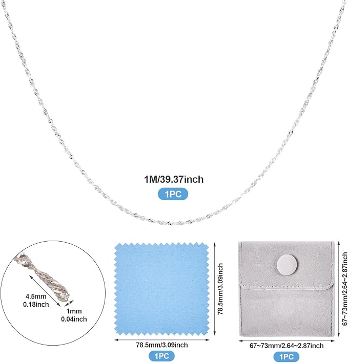 Elecrelive S925 Sterling Silver Chains 3.28 Feet Twisted Silver Singapore Chains 4.5x1mm with Velvet Bag for Men Women Jewelry Chain DIY Making