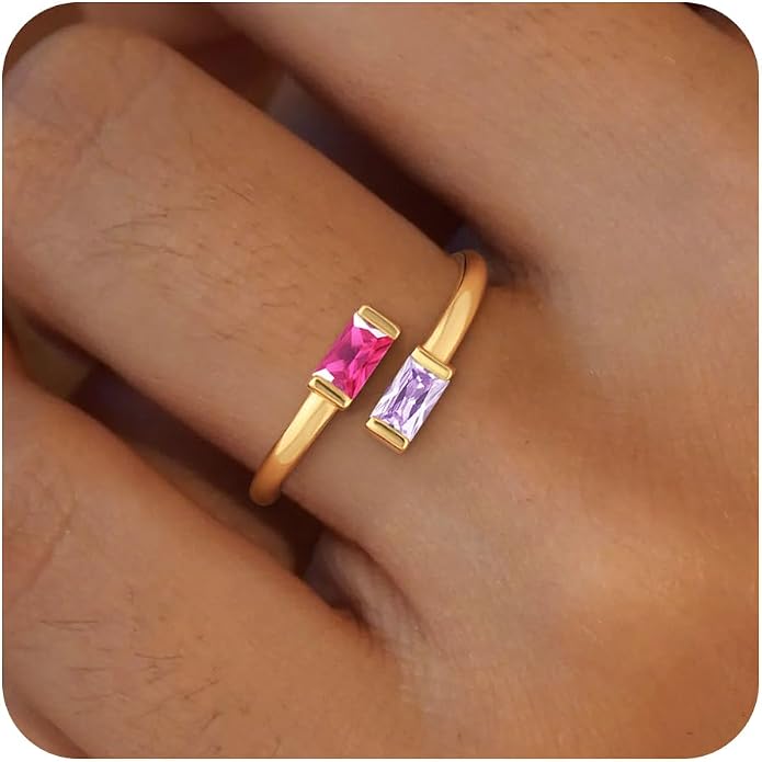Honsny Gold Birthstone Rings for Women Non Tarnish 14K Gold Plated Adjustable Emerald Ring Cubic Zirconia Gemstone Promise Ring for Her Engagement Personalized Waterproof Jewelry Gifts for Birthday