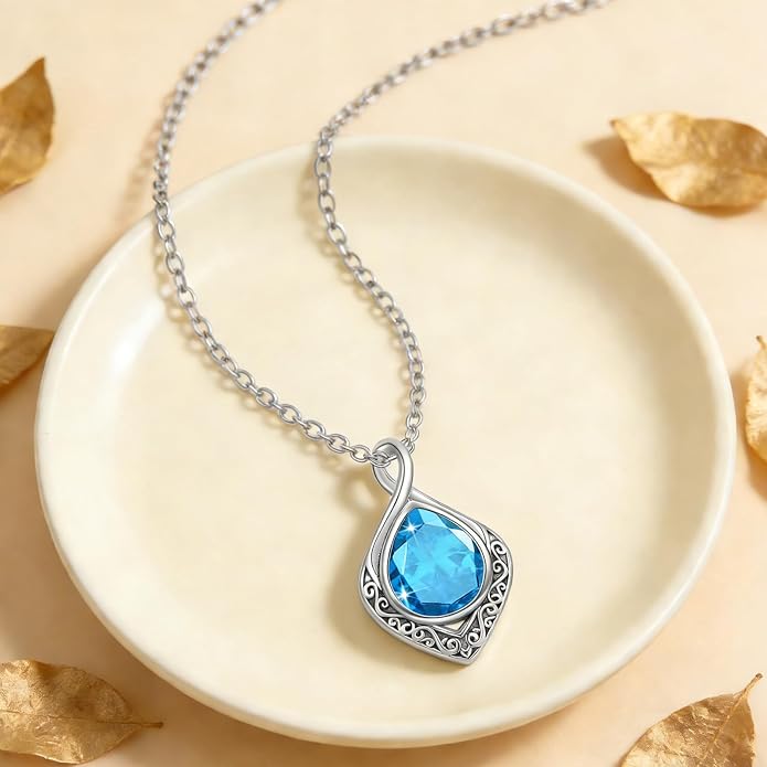 PELOVNY Celtic Knot Necklaces for Women 925 Sterling Silver Gemstone/Birthstone Teardrop Infinity Necklace Irish Celtic Pendant Jewelry Gifts for Mom Daughter Wife