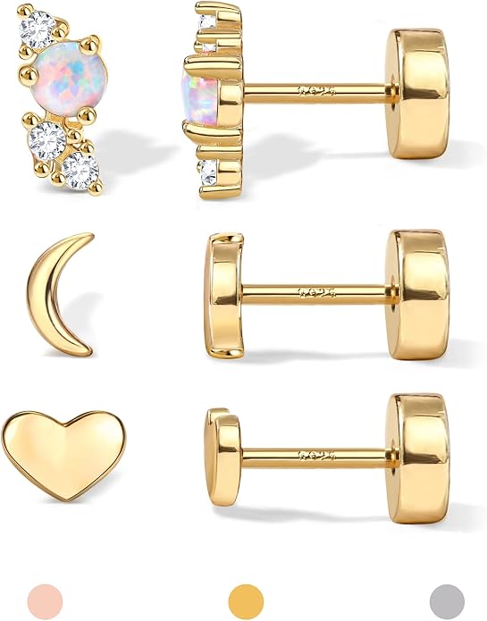 14K Gold Plated Solid 925 Sterling Silver Post Flat Back Earrings Stud | Cartilage Helix Conch Tragus Piercing Jewelry 3 Pairs Tiny Screw Dainty CZ Opal Earring Set Men Women