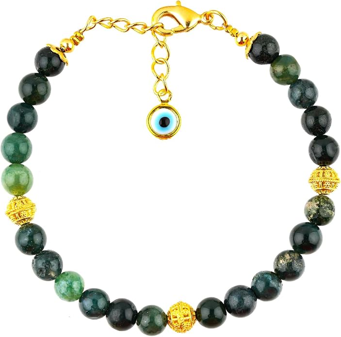 AAA Grade Natural Gemstone Beaded Bracelet, 14K Gold Plated with Evil Charm, Wicca & Reiki Healing Crystals, Handmade Bohemian Jewelry, Christmas Gift for Women (7+1inch)