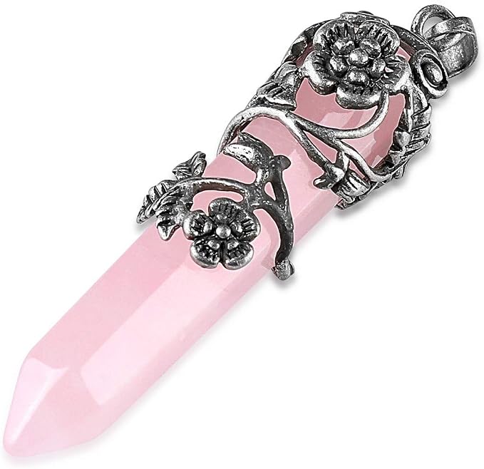 Top Plaza Antique Silver Flower Wrapped Natural Rose Quartz Healing Crystal Necklace Mothers Day Mom Gifts