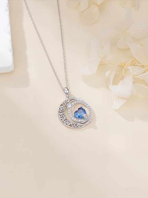 Dorunmo Heart Birthstone Necklace for Women 925 Sterling Silver Moon and Star Pendant Birthday Jewelry Gifts for Wife Her Daughter Mom