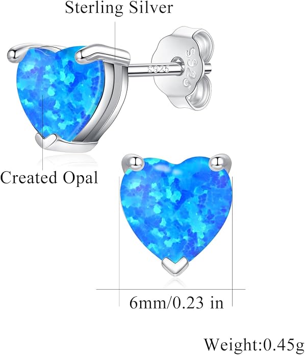 CiNily 925 Sterling Silver Stud Earrings for Women Teen, Heart Opal Stud Earrings, Dainty Cartilage Small Studs for Men, Heart Birthstone Earrings Lightweight Opal Jewelry for Mothers Day Birthday