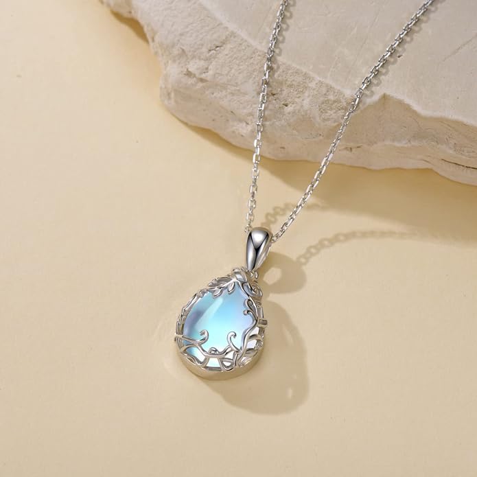 Teardrop Moonstone/Turquoise Necklace for Women 925 Sterling Silver Cage Filigree Necklaces Anniversary Birthday Jewelry Gift for Women