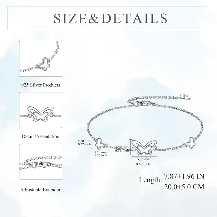AOBOCO 925 Sterling Silver Anklet for Women Crystal Butterfly Dragonfly Evil Eye Ankle Bracelet Ankle Summer Beach Jewelry Gifts