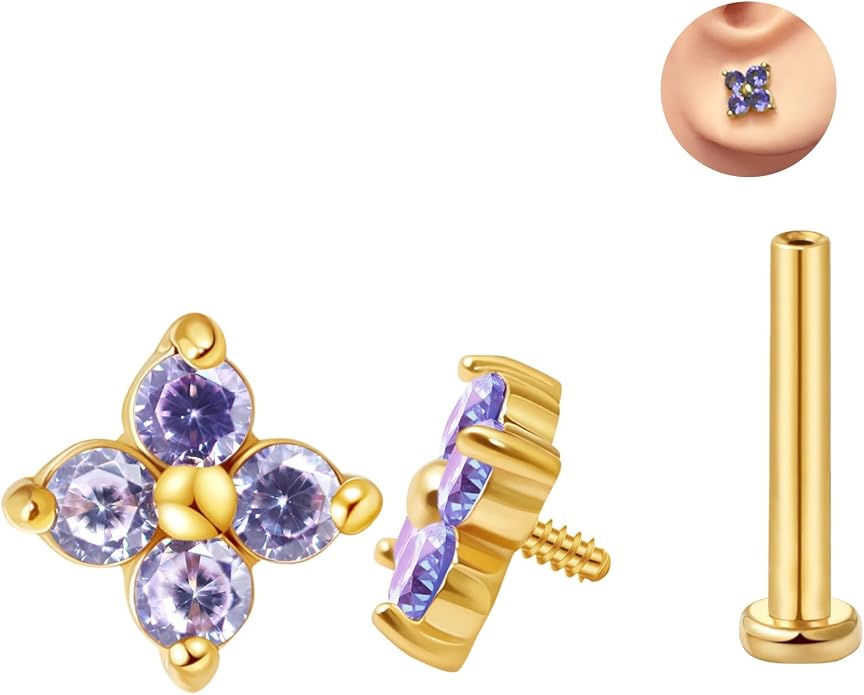FANSING CZ Flower Internally Threaded Flat Back Earring Labret Stud for Cartilage Tragus Helix Conch